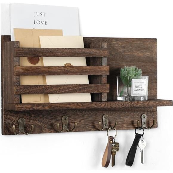Key & Mail Holder for Wall - Rustic Natural Paulownia Wood - Picture 1 of 8